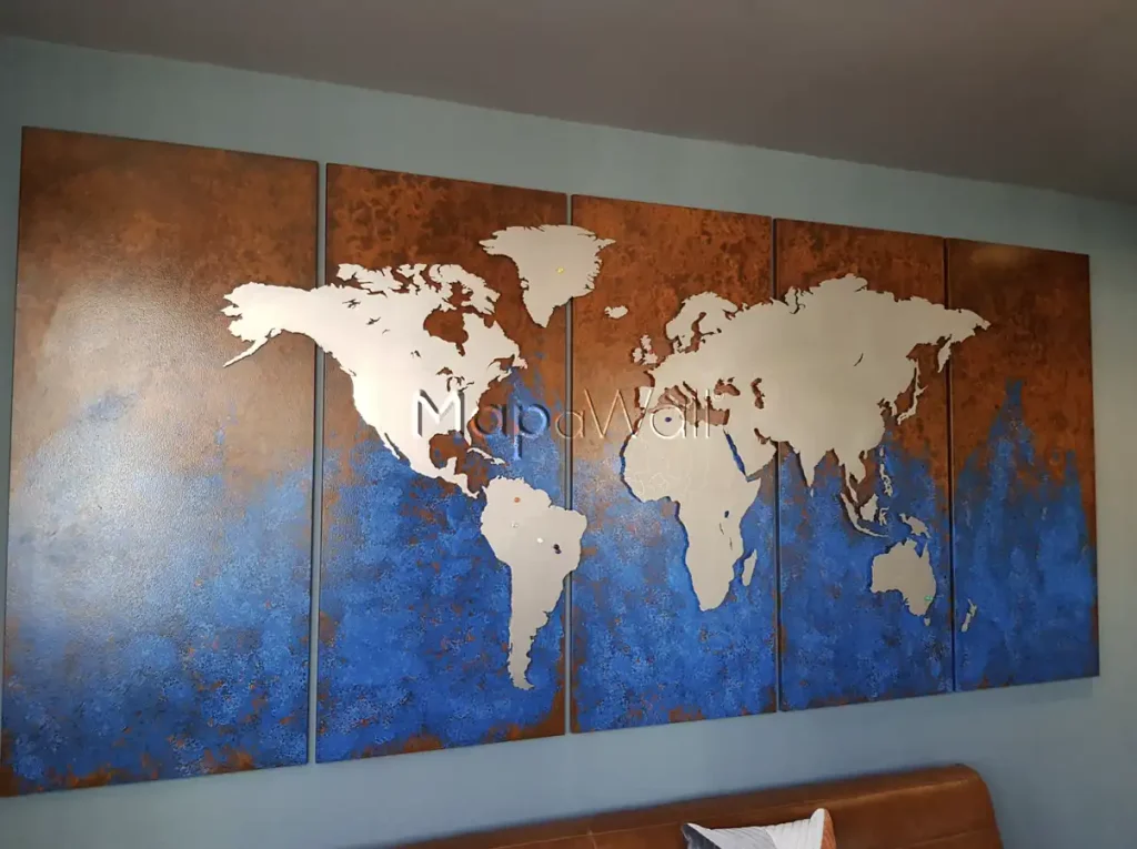 Steel world map on custom panels installed in hotel lobby in London